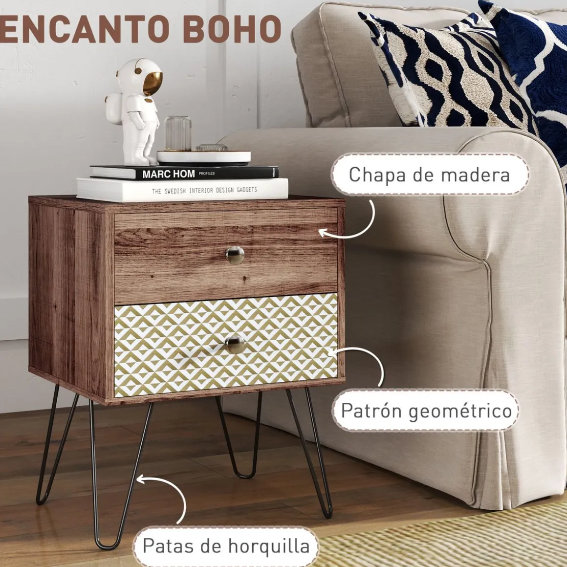 Mesita de noche Boho Homcom 2 cajones marrón 55,5x45x39 cm