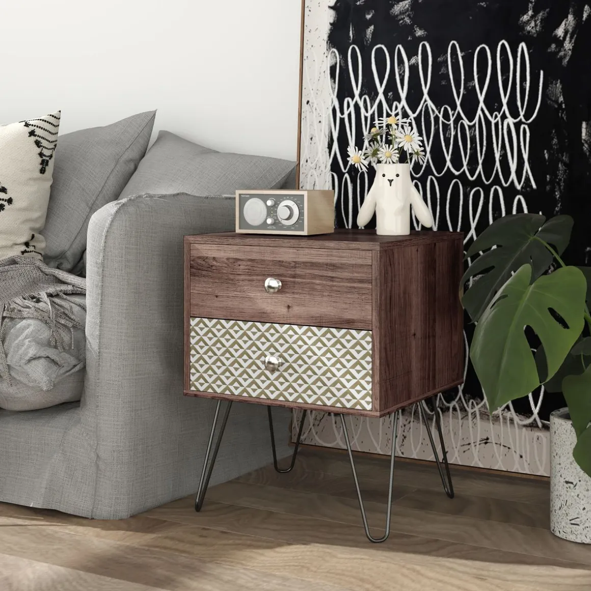Mesita de noche Boho Homcom 2 cajones marrón 55,5x45x39 cm