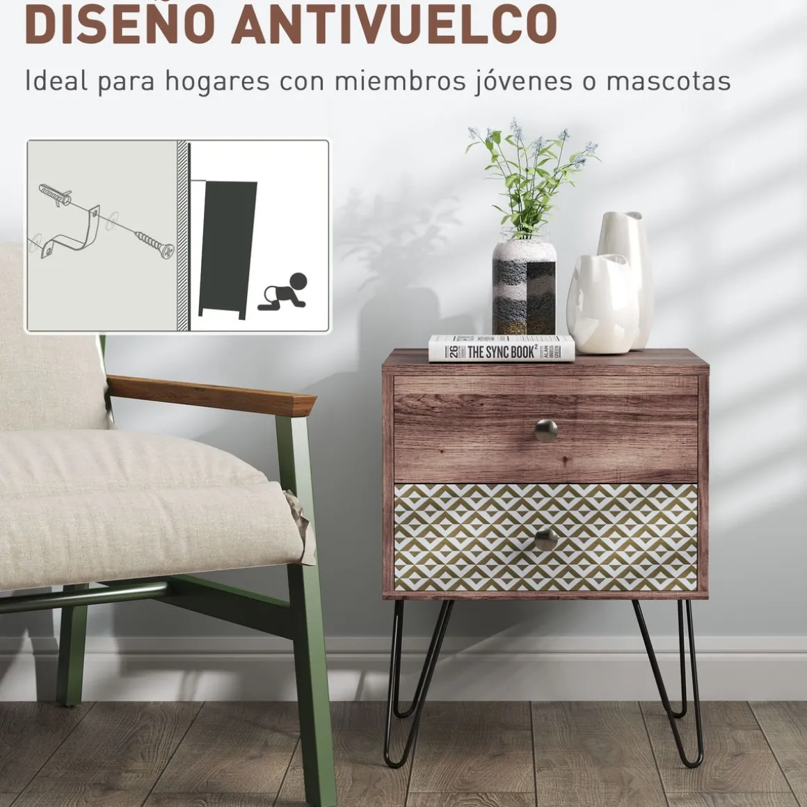 Mesita de noche Boho Homcom 2 cajones marrón 55,5x45x39 cm