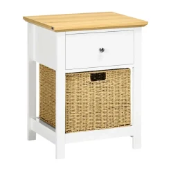 Mesita de noche Cala Homcom cajón + cesta de ratán blanco/natural 64x49x39 cm