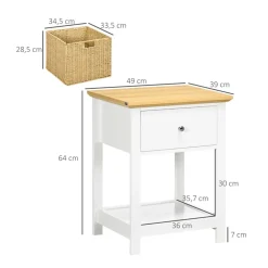 Mesita de noche Cala Homcom cajón + cesta de ratán blanco/natural 64x49x39 cm