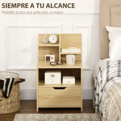 Mesita de noche Cala Homcom estantes + cajón natural 73x45x35 cm