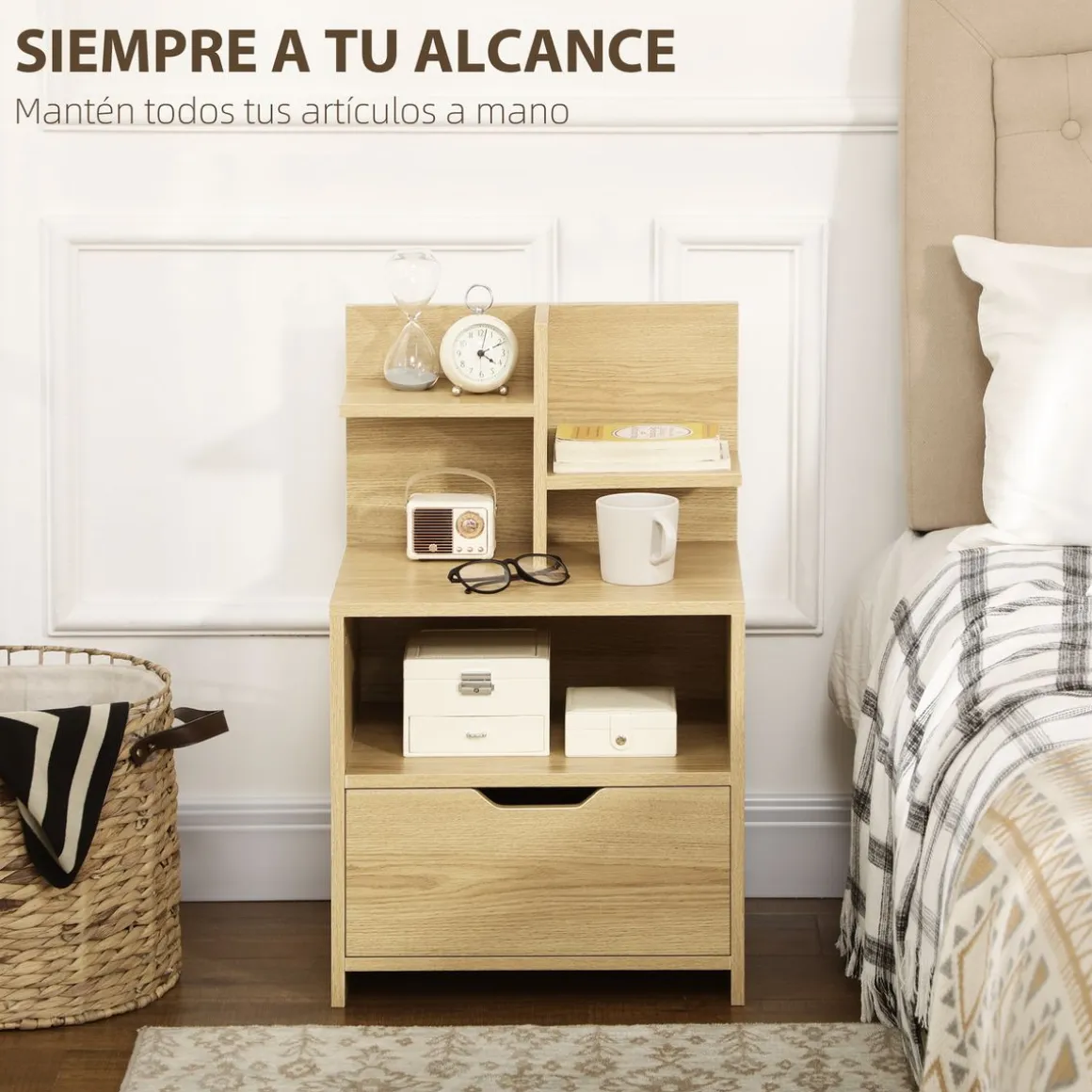 Mesita de noche Cala Homcom estantes + cajón natural 73x45x35 cm