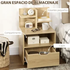 Mesita de noche Cala Homcom estantes + cajón natural 73x45x35 cm