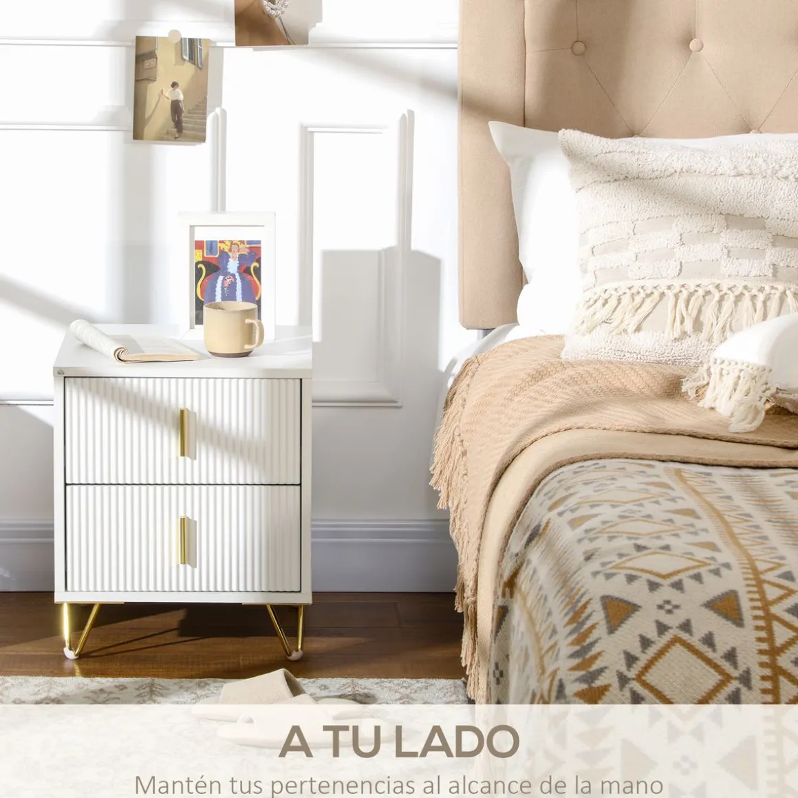 Mesita de noche Cotton Homcom 2 cajones blanco/dorado 47x40 cm