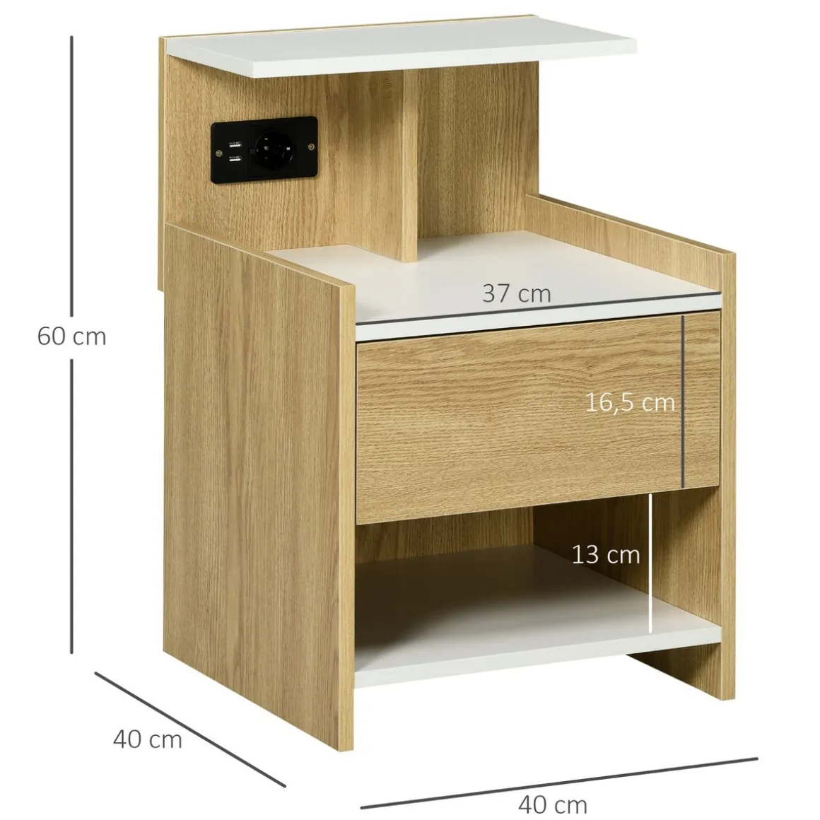 Mesita de noche Echeveria Homcom cajón + puertos USB + toma de corriente natural 60x40 cm