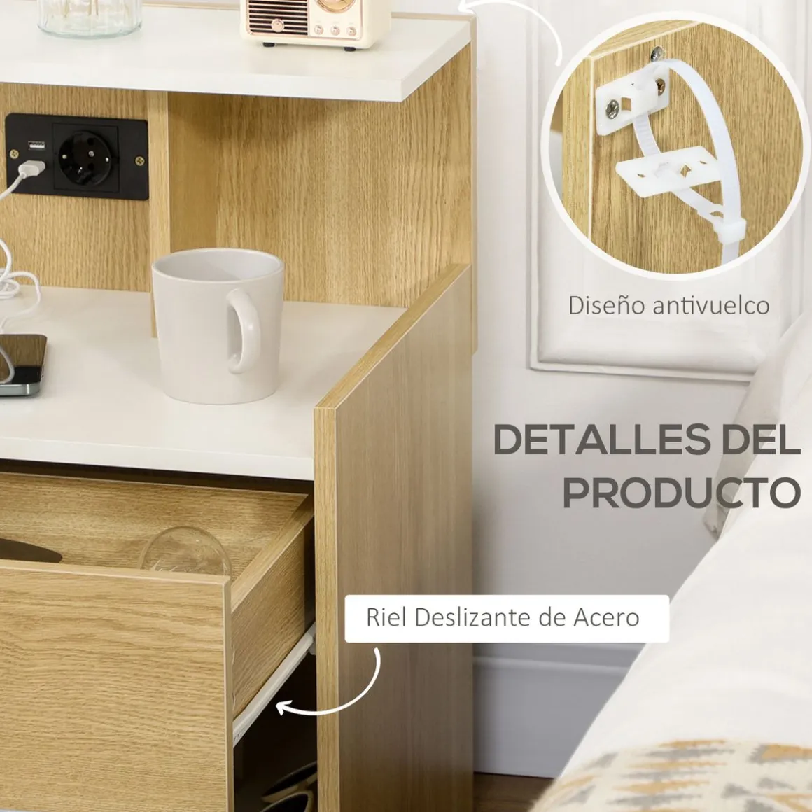 Mesita de noche Echeveria Homcom cajón + puertos USB + toma de corriente natural 60x40 cm