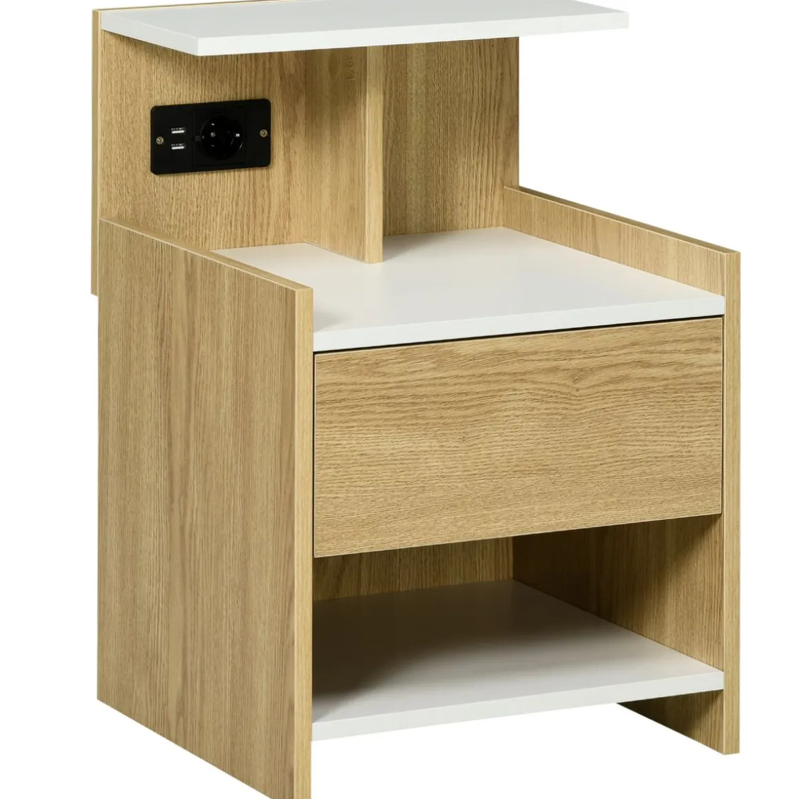 Mesita de noche Echeveria Homcom cajón + puertos USB + toma de corriente natural 60x40 cm