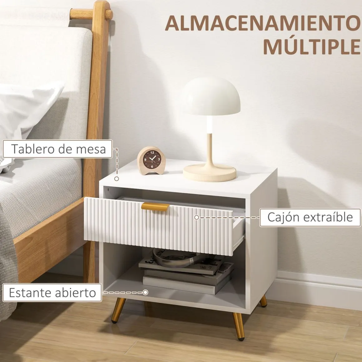 Mesita de noche Elena Homcom 1 cajón con compartimento blanco 47x50x40 cm
