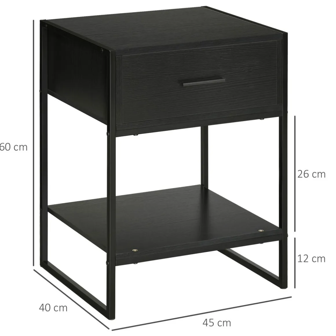 Mesita de noche Gálvez Homcom 1 cajón + 1 estante negro 60x45x40 cm
