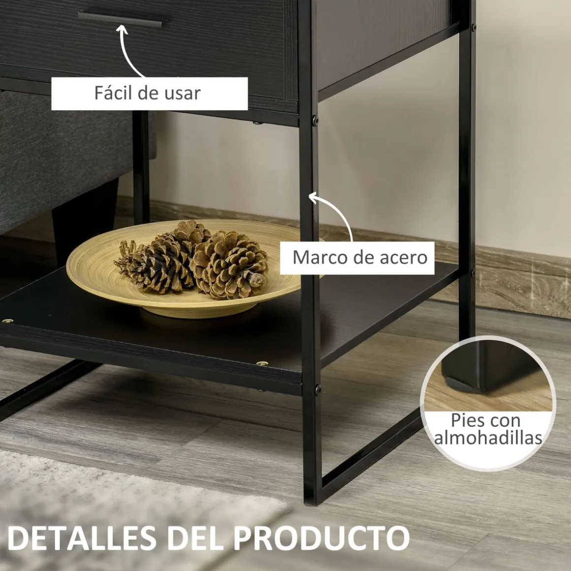 Mesita de noche Gálvez Homcom 1 cajón + 1 estante negro 60x45x40 cm