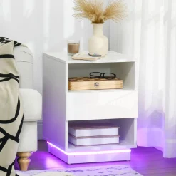 Mesita de noche Gracy Homcom 1 cajón + 2 huecos luz LED blanco