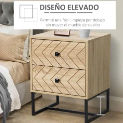 Mesita de noche Homcom 2 cajones retro natural/negro 60x48x39,5 cm