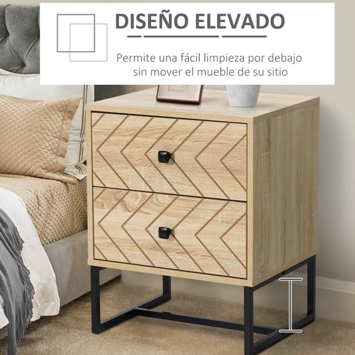 Mesita de noche Homcom 2 cajones retro natural/negro 60x48x39,5 cm