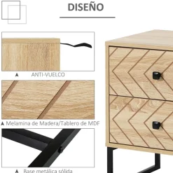 Mesita de noche Homcom 2 cajones retro natural/negro 60x48x39,5 cm