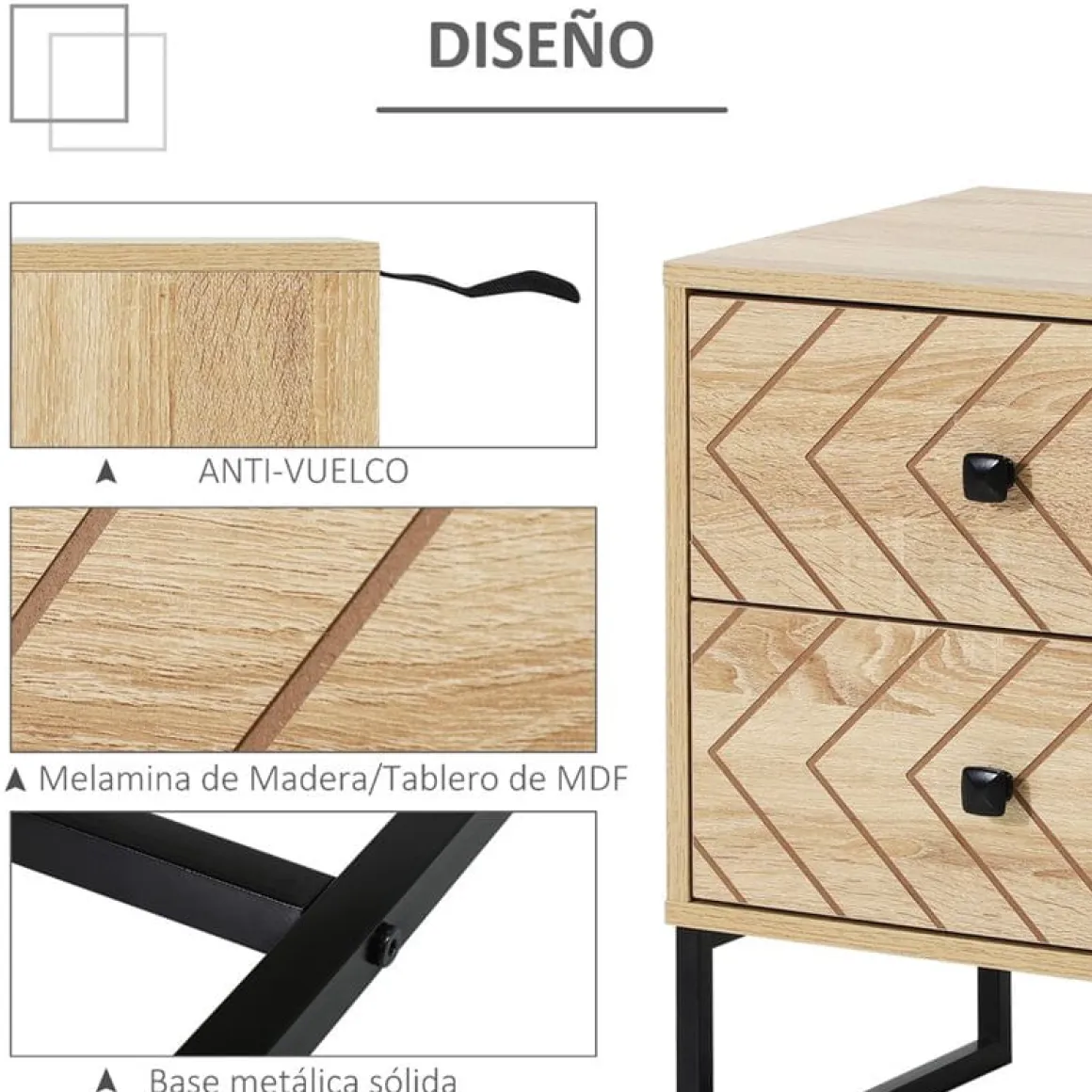 Mesita de noche Homcom 2 cajones retro natural/negro 60x48x39,5 cm