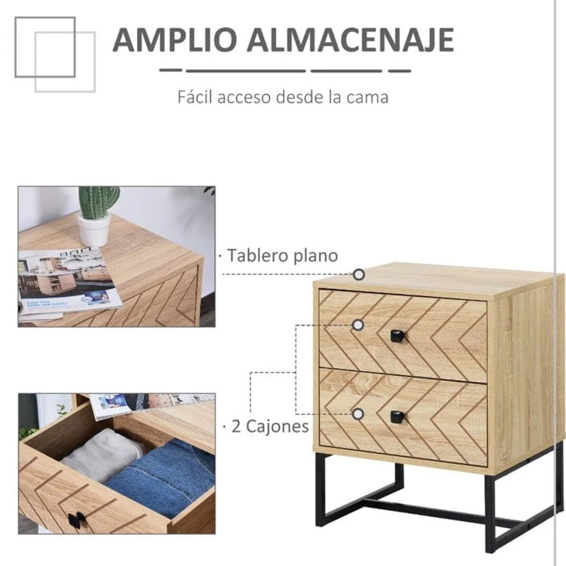 Mesita de noche Homcom 2 cajones retro natural/negro 60x48x39,5 cm