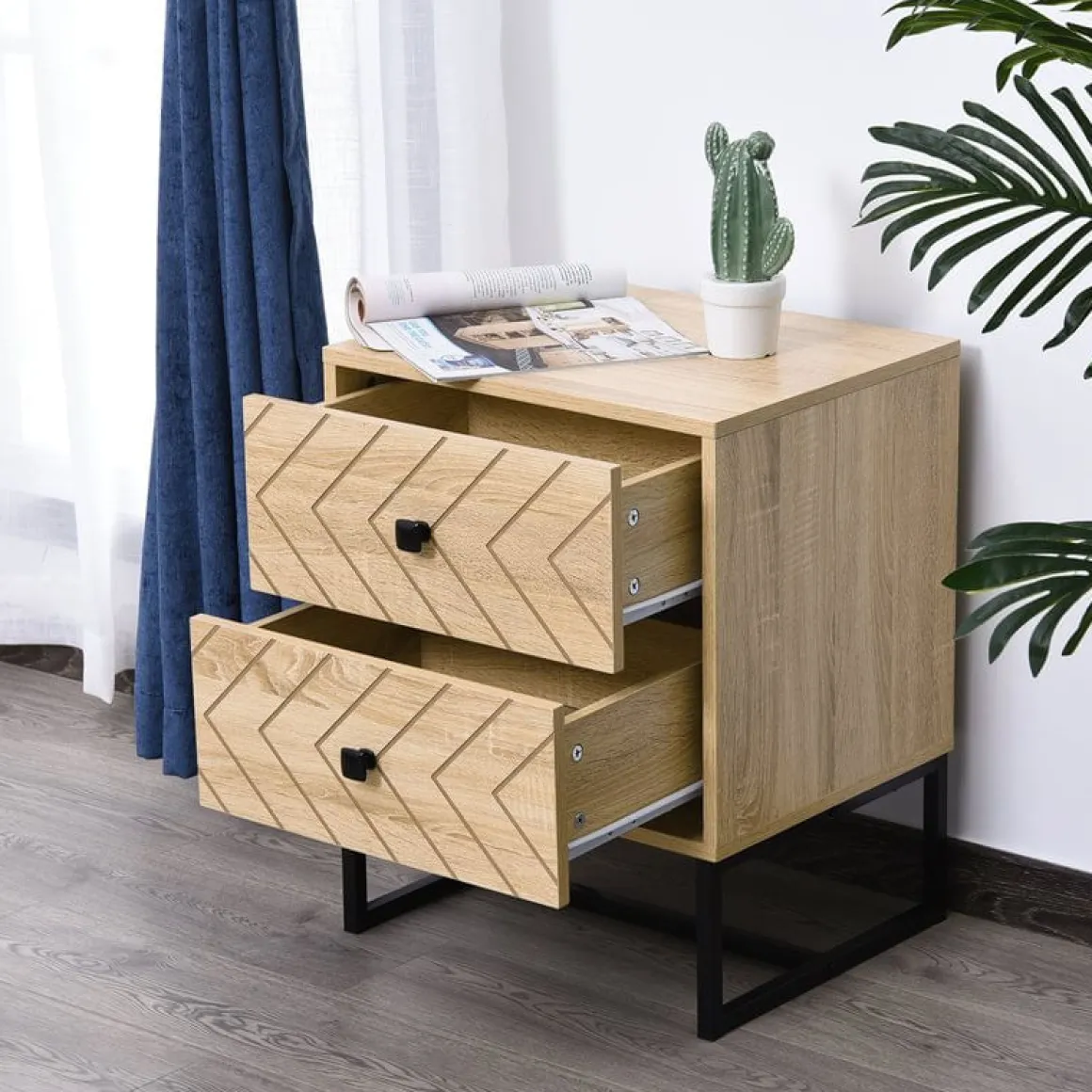Mesita de noche Homcom 2 cajones retro natural/negro 60x48x39,5 cm