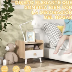 Mesita de noche infantil Drácena Aiyaplay 1 compartimento + cajón +3A blanco/natural 40x40x32,5 cm