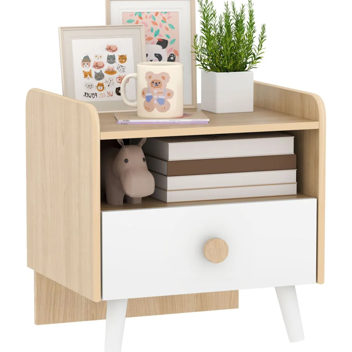 Mesita de noche infantil Drácena Aiyaplay 1 compartimento + cajón +3A blanco/natural 40x40x32,5 cm