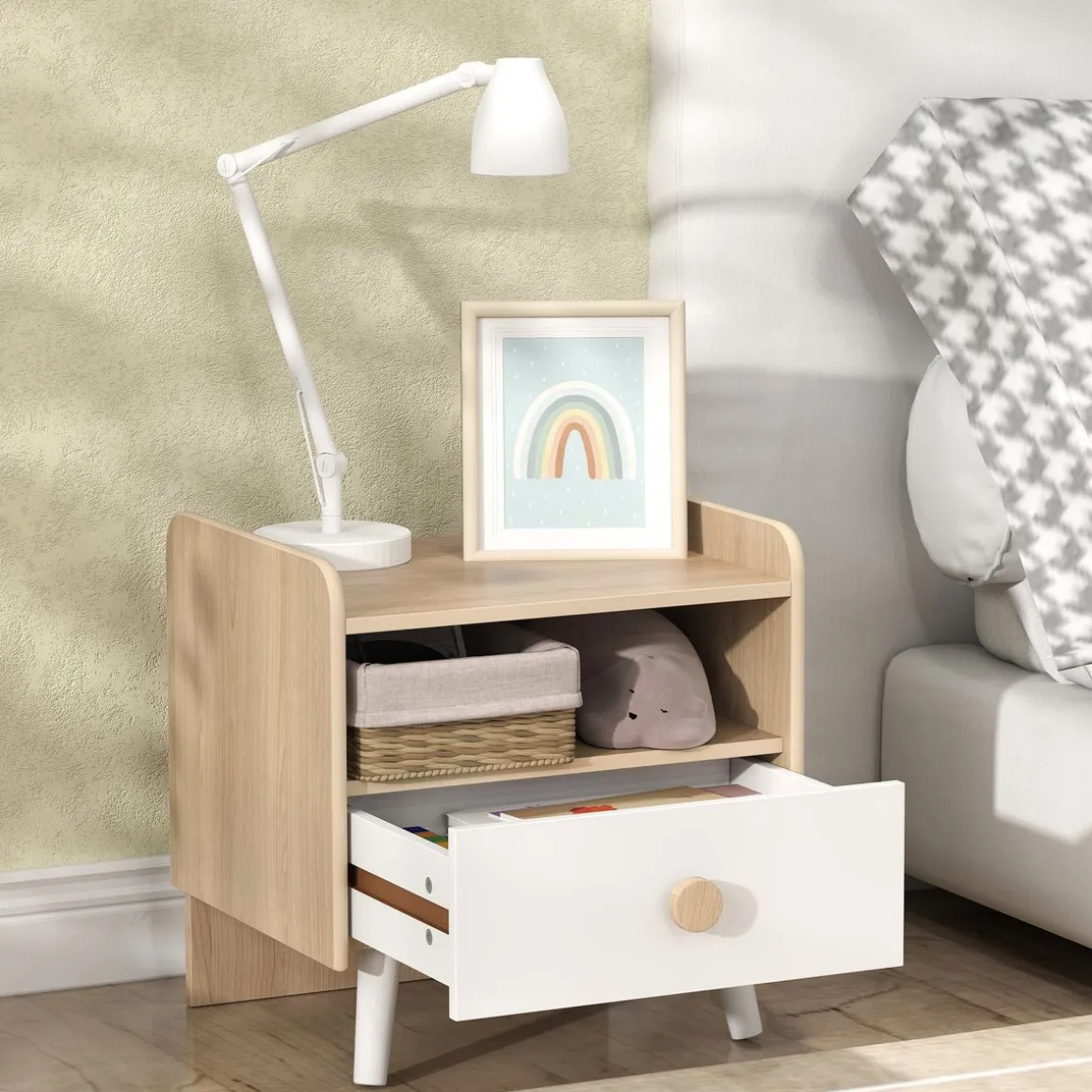 Mesita de noche infantil Drácena Aiyaplay 1 compartimento + cajón +3A blanco/natural 40x40x32,5 cm