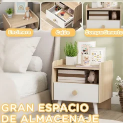 Mesita de noche infantil Drácena Aiyaplay 1 compartimento + cajón +3A blanco/natural 40x40x32,5 cm