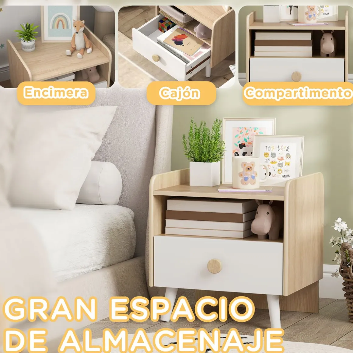 Mesita de noche infantil Drácena Aiyaplay 1 compartimento + cajón +3A blanco/natural 40x40x32,5 cm