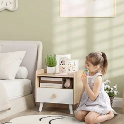 Mesita de noche infantil Drácena Aiyaplay 1 compartimento + cajón +3A blanco/natural 40x40x32,5 cm