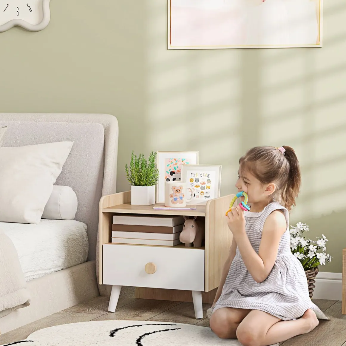 Mesita de noche infantil Drácena Aiyaplay 1 compartimento + cajón +3A blanco/natural 40x40x32,5 cm