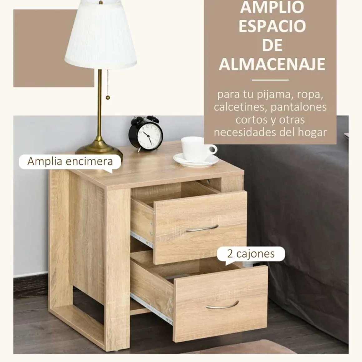 Mesita de noche Iria Homcom 2 cajones madera 54x48x39 cm