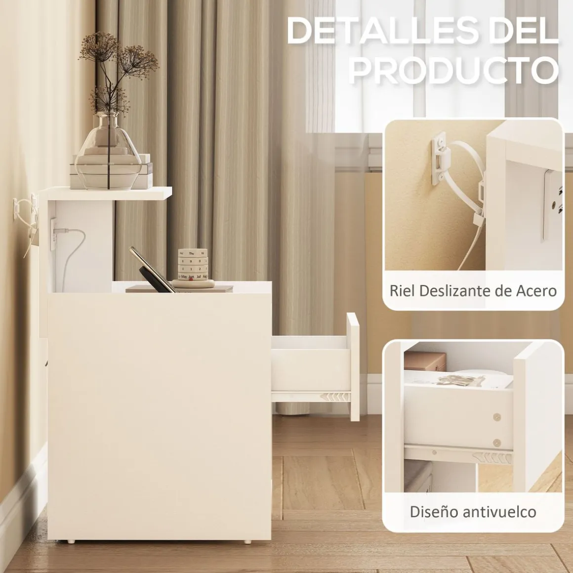 Mesita de noche Jonh Homcom 1 cajón + 3 compartimentos blanco 60x40x40 cm