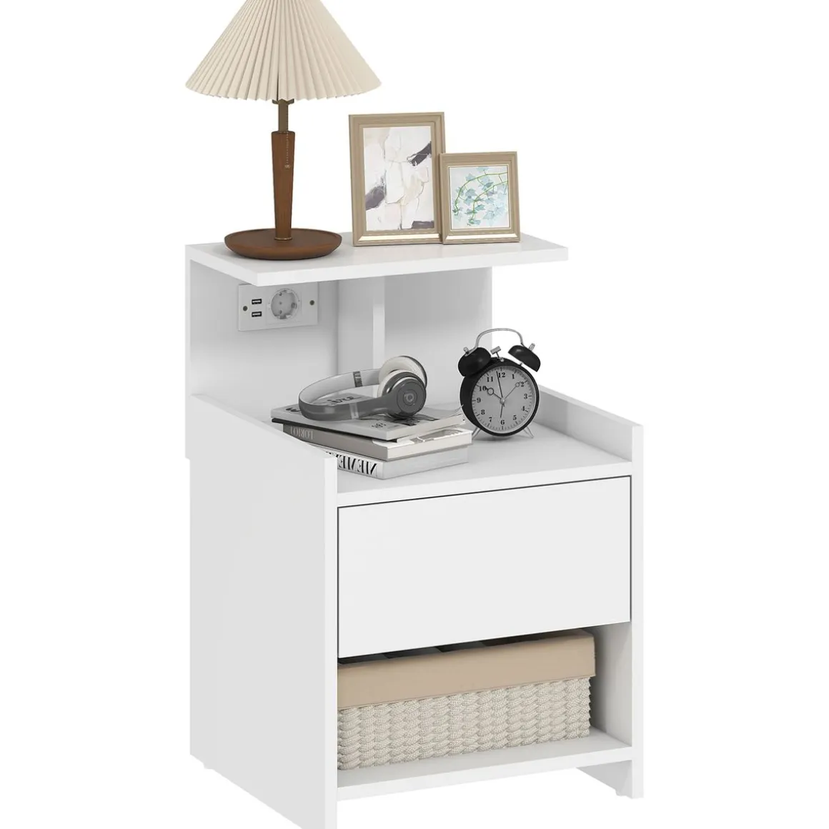Mesita de noche Jonh Homcom 1 cajón + 3 compartimentos blanco 60x40x40 cm