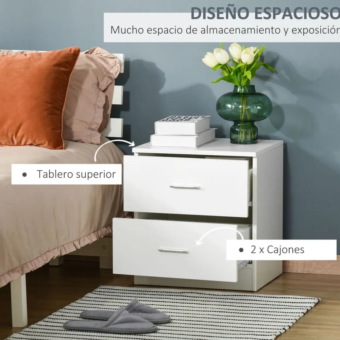 Mesita de noche Leonor Homcom 2 cajones blanco 49x45x39,5 cm