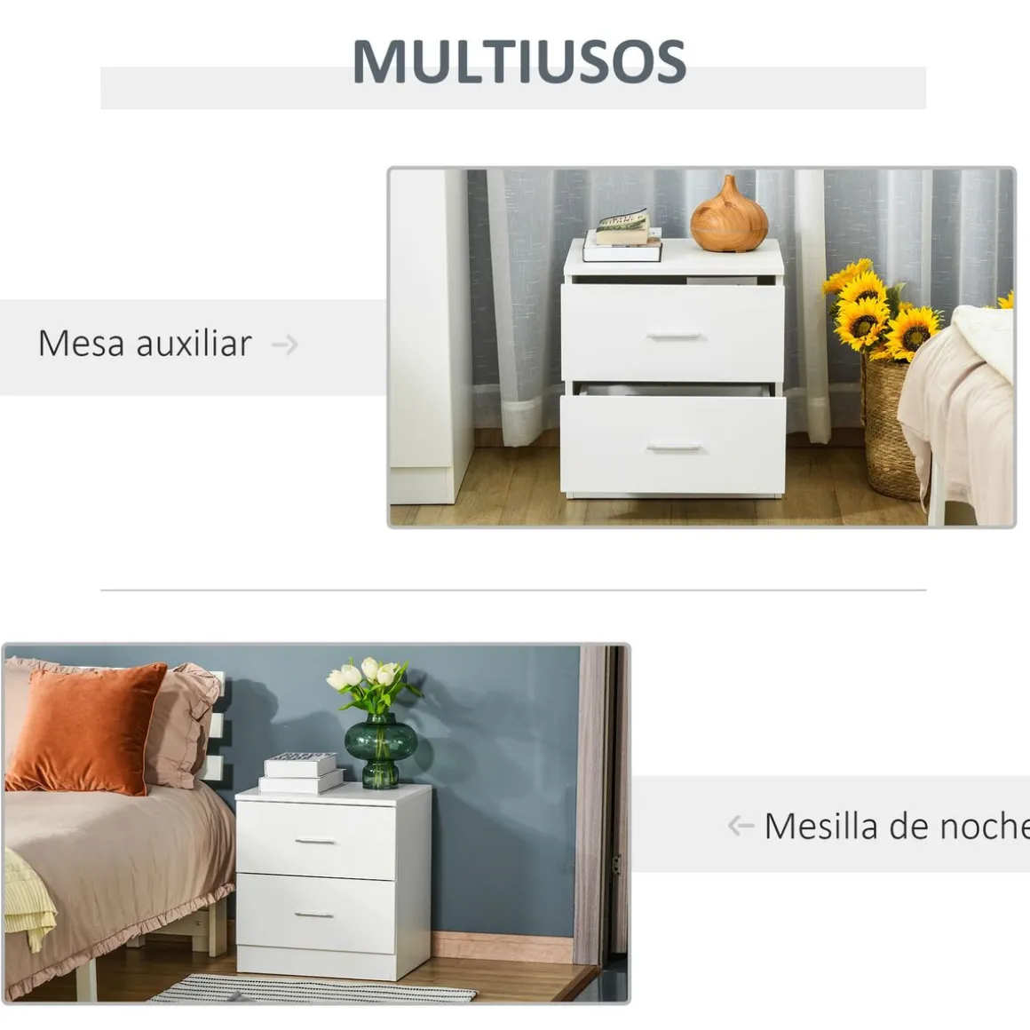 Mesita de noche Leonor Homcom 2 cajones blanco 49x45x39,5 cm