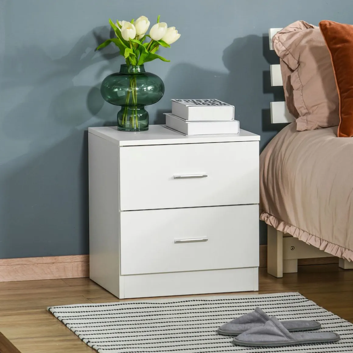 Mesita de noche Leonor Homcom 2 cajones blanco 49x45x39,5 cm