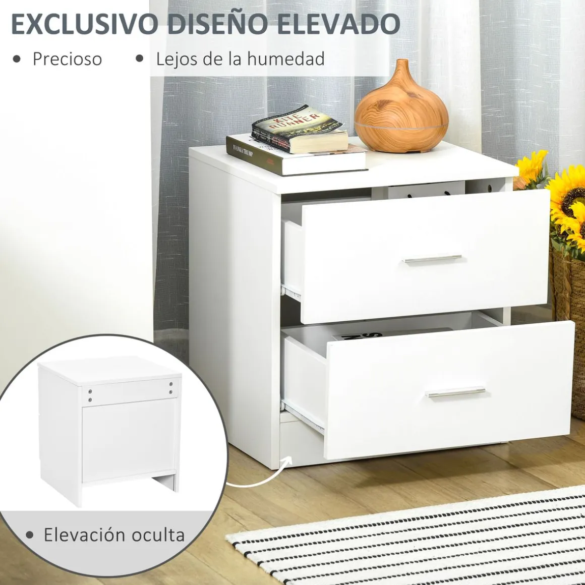 Mesita de noche Leonor Homcom 2 cajones blanco 49x45x39,5 cm