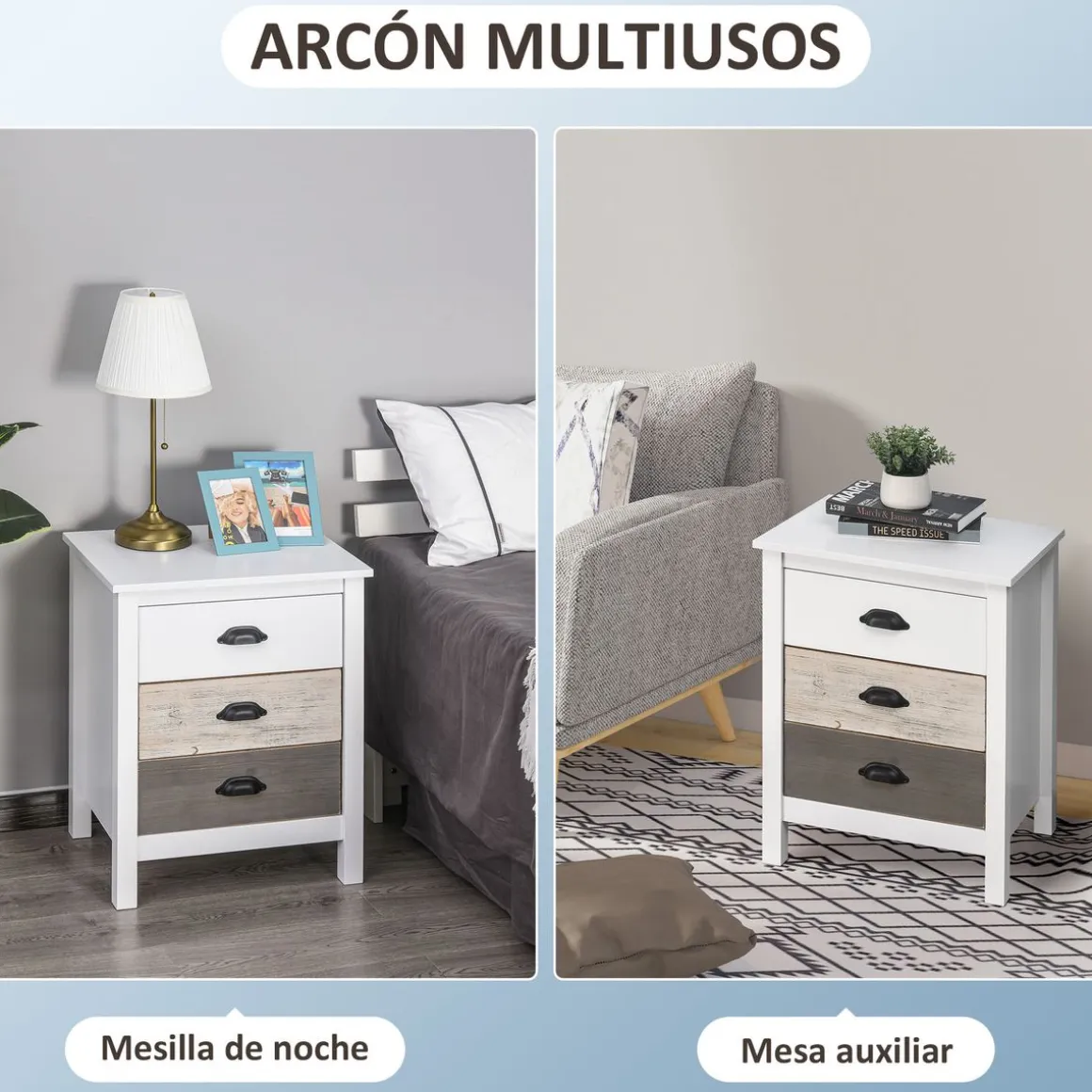 Mesita de noche Luna Homcom 3 cajones blanco 65x50x38 cm
