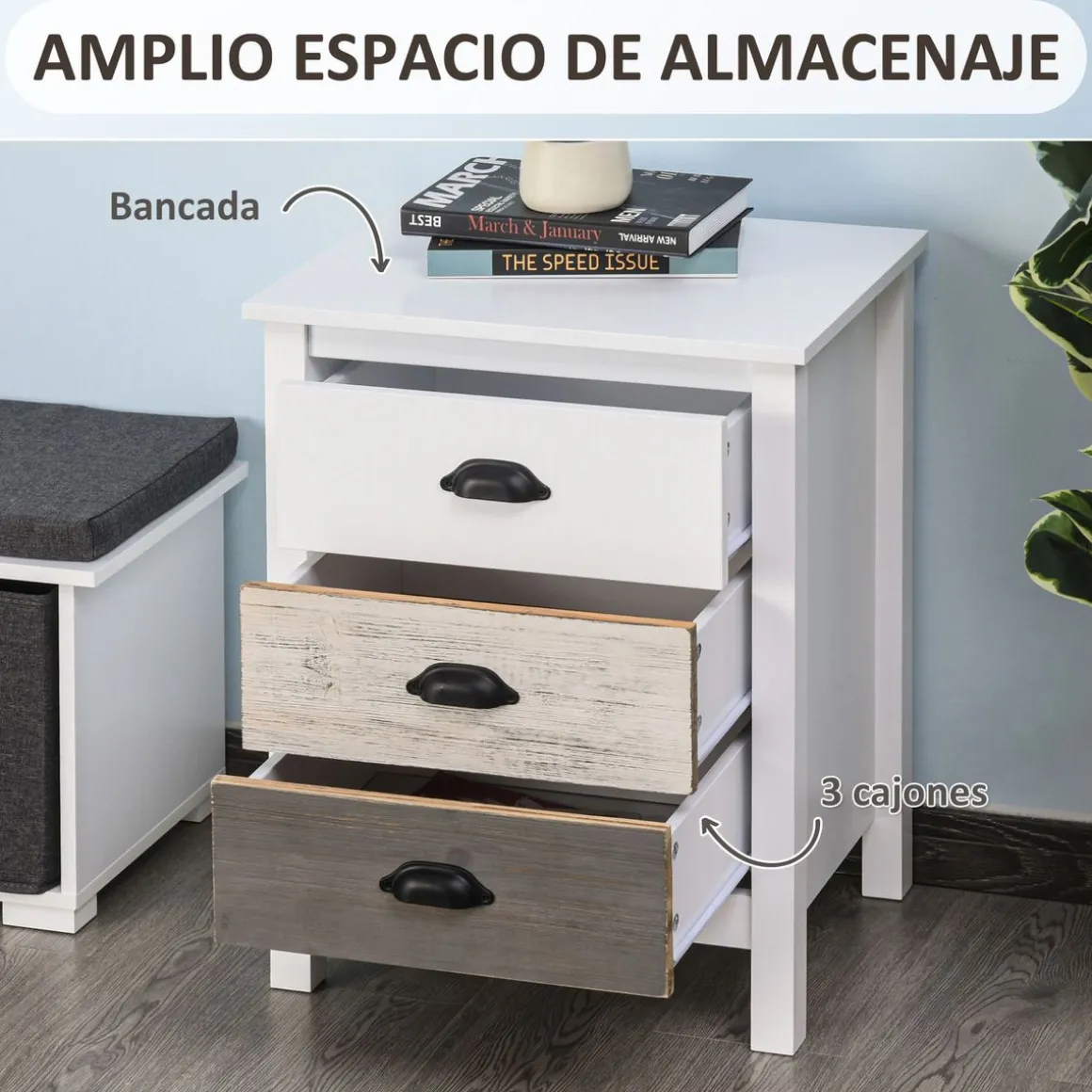 Mesita de noche Luna Homcom 3 cajones blanco 65x50x38 cm