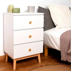 Mesita de noche MOA Vinthera 3 cajones blanco/madera 64,3x40x30 cm