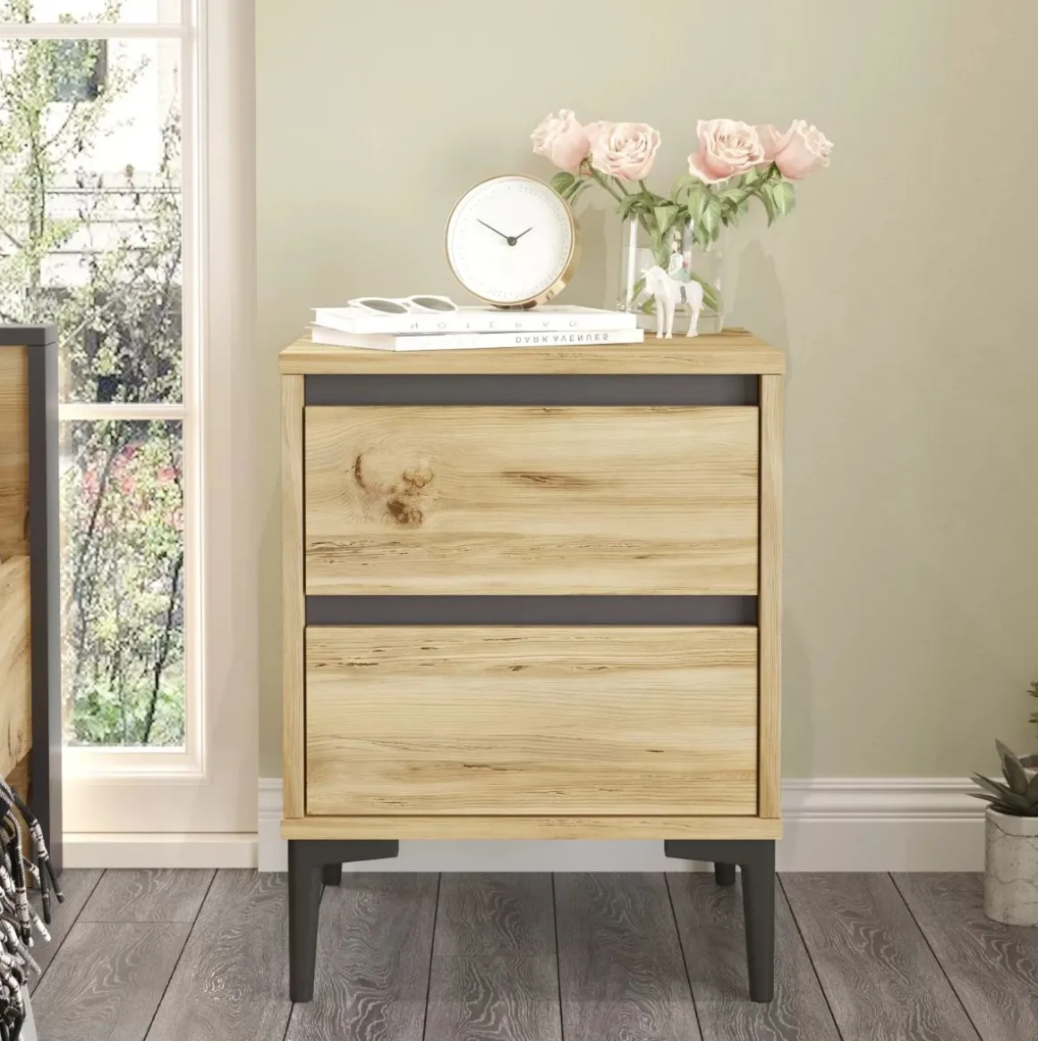 Mesita de noche Mont Blanc 2 cajones con patas natural 58x45x45 cm