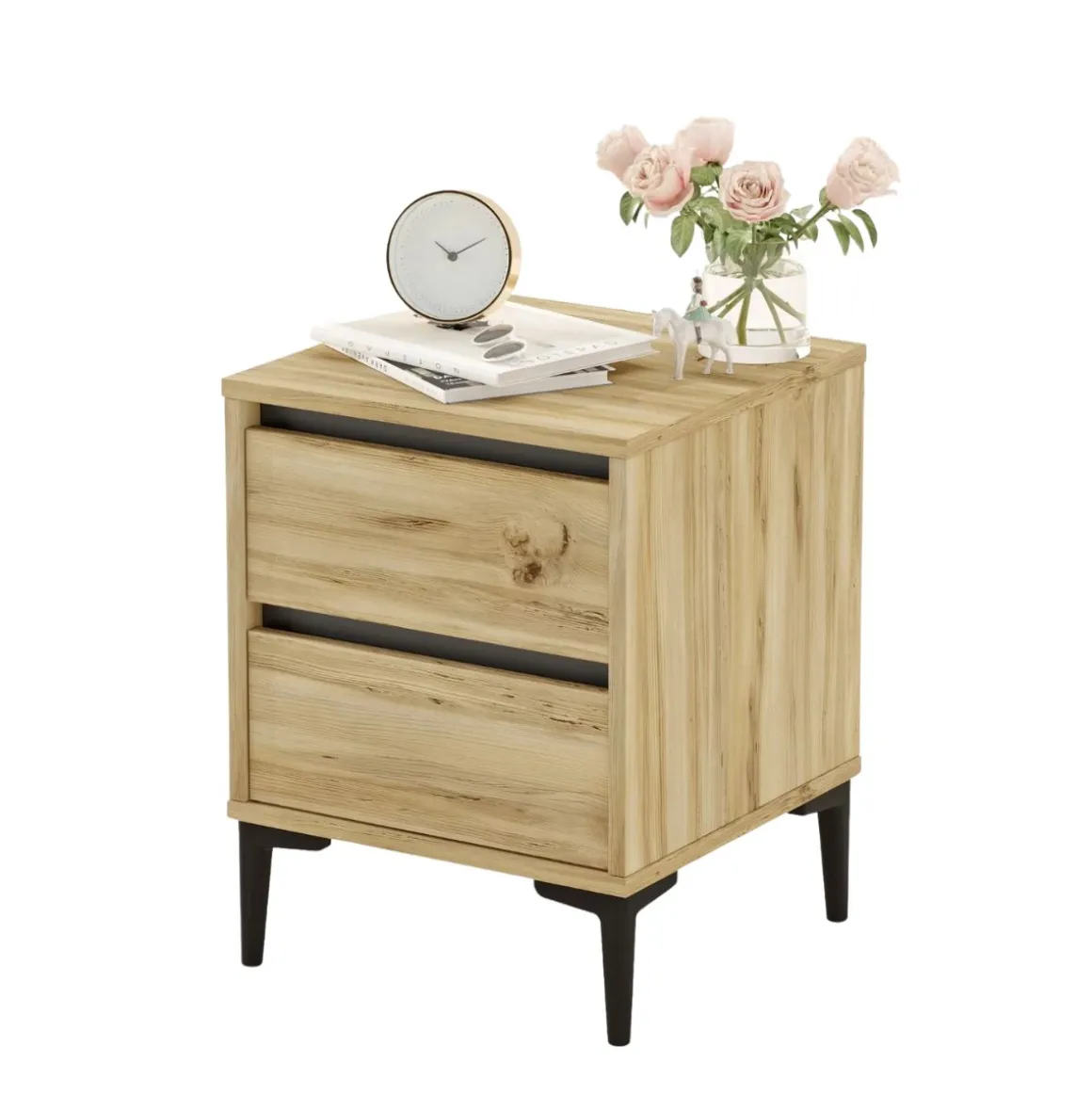 Mesita de noche Mont Blanc 2 cajones con patas natural 58x45x45 cm