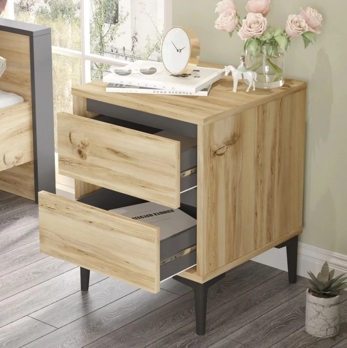 Mesita de noche Mont Blanc 2 cajones con patas natural 58x45x45 cm