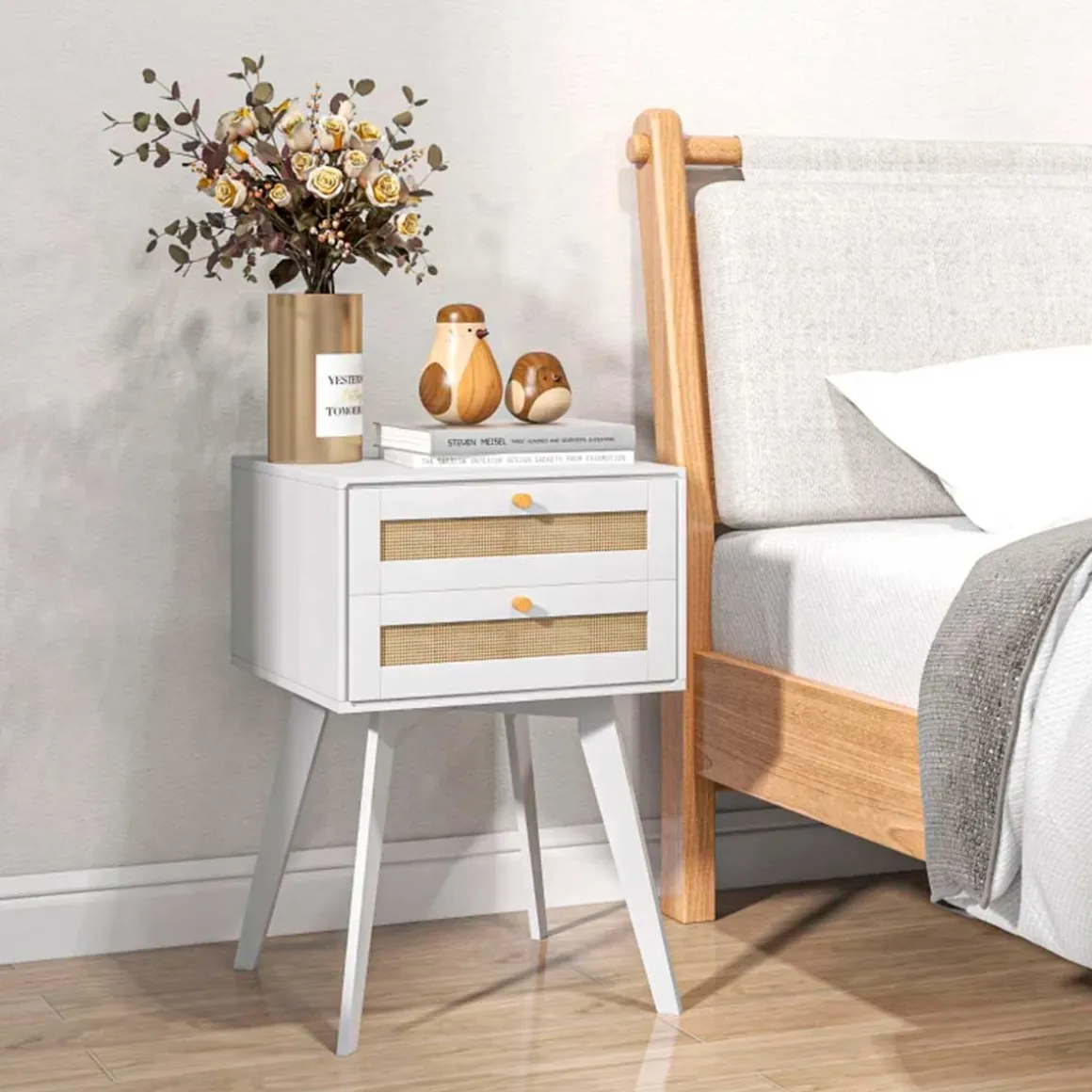 Mesita de noche Moon Homcom 2 cajones blanco 60x40x40 cm