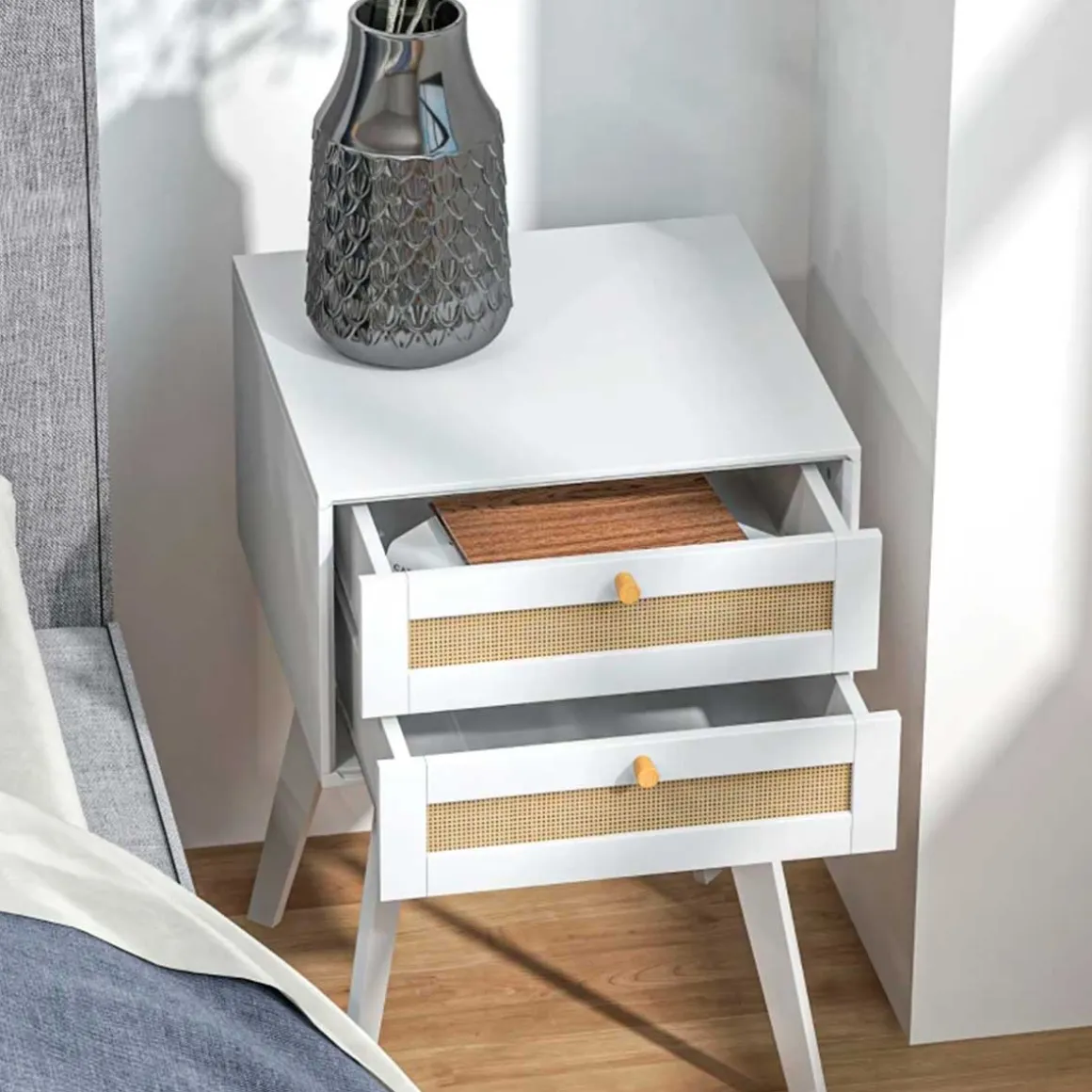 Mesita de noche Moon Homcom 2 cajones blanco 60x40x40 cm