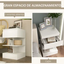 Mesita de noche Onís Homcom 1 cajón + 2 estantes blanco 65x39x39 cm