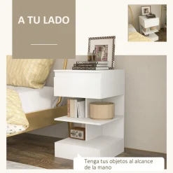 Mesita de noche Onís Homcom 1 cajón + 2 estantes blanco 65x39x39 cm