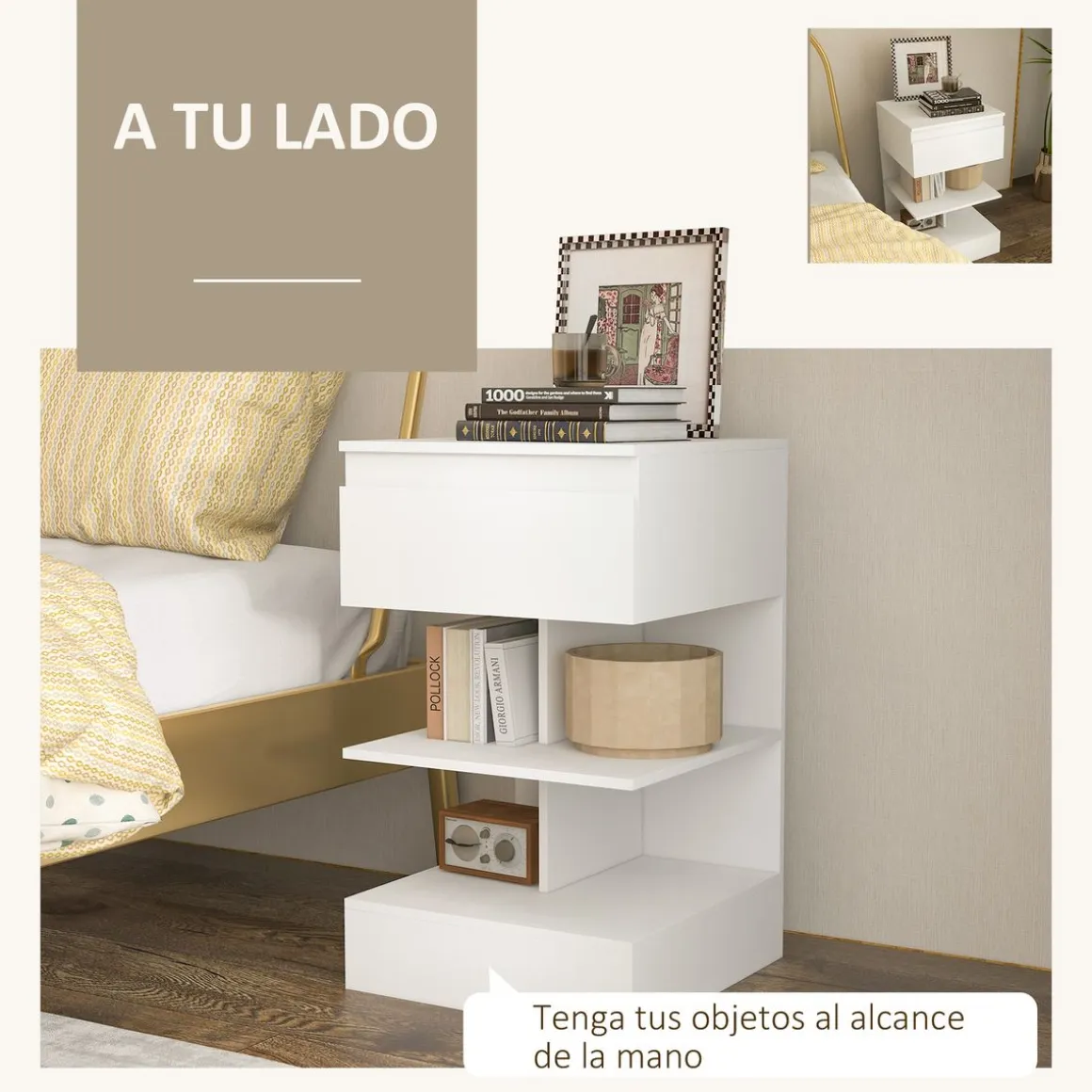 Mesita de noche Onís Homcom 1 cajón + 2 estantes blanco 65x39x39 cm