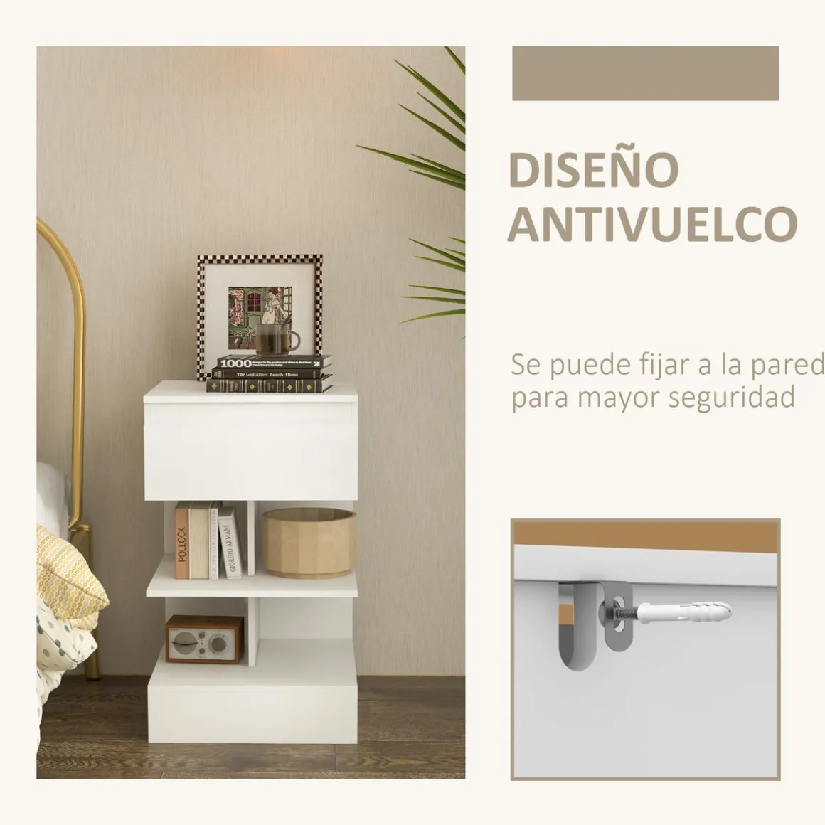 Mesita de noche Onís Homcom 1 cajón + 2 estantes blanco 65x39x39 cm