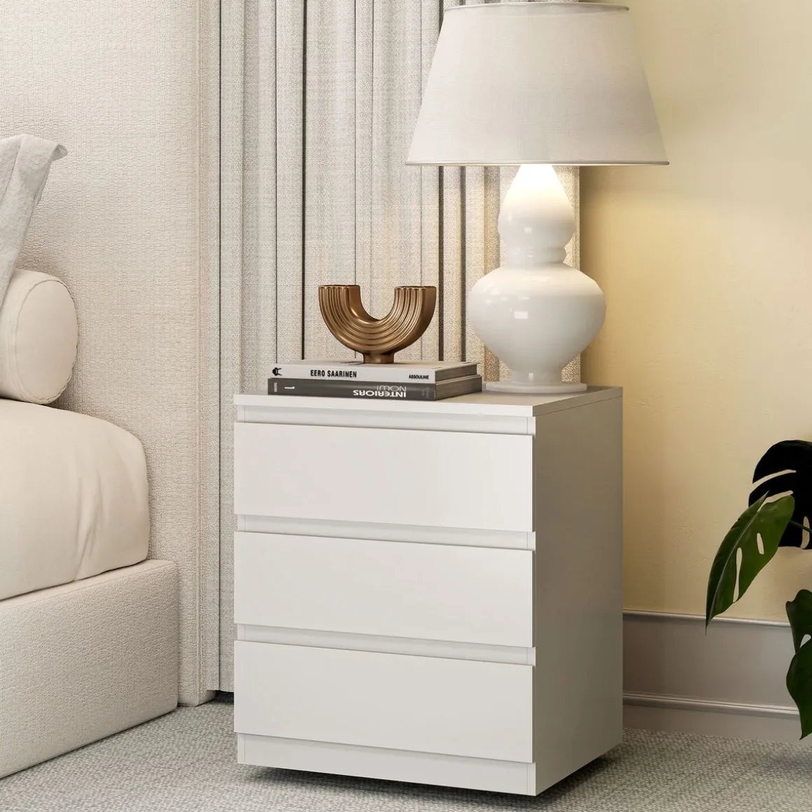 Mesita de noche Palace Homcom 3 cajones cierre suave blanco 52,8x45x40 cm