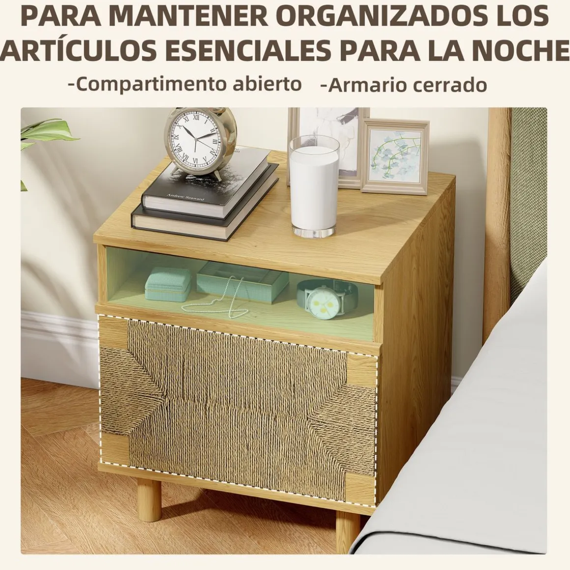 Mesita de noche Panda Homcom con estante y armario natural 50x45x39 cm